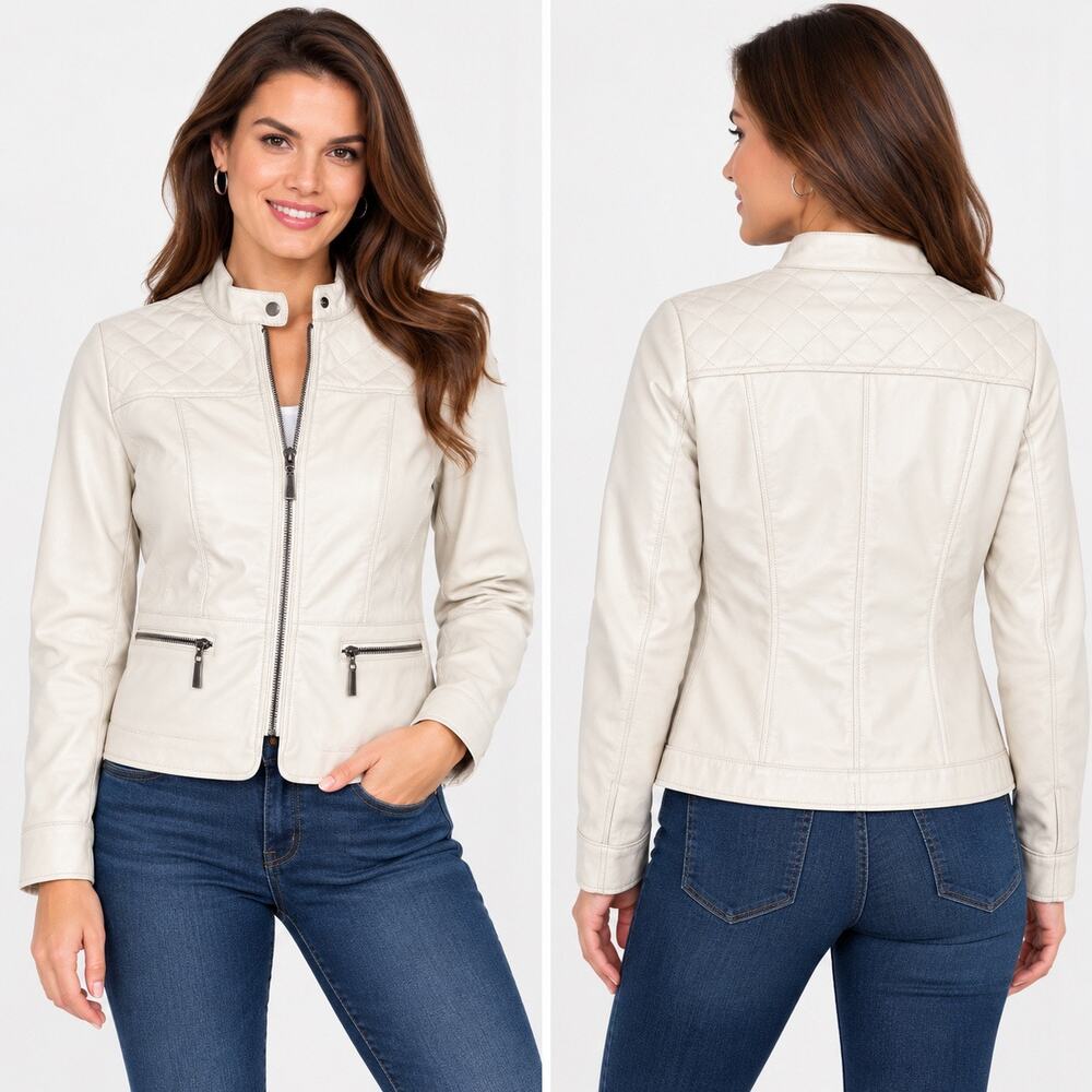 Apt 9 Womens Ivory Faux Leather Quilted Moto Jacket Zip Front Small NWT